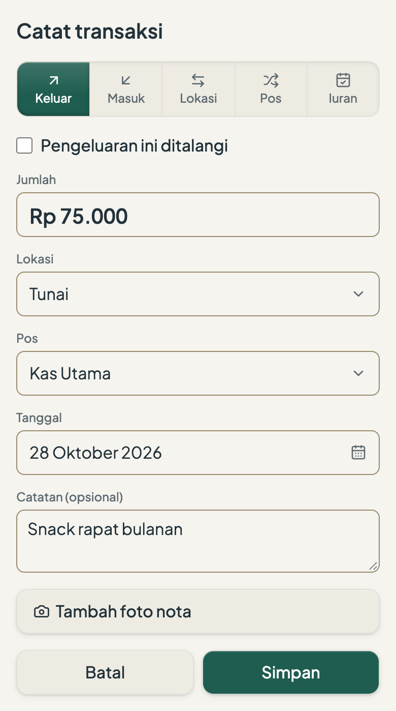 Layar Catat transaksi: pengeluaran Rp75.000 dari Tunai untuk Kas Utama, dengan catatan Snack rapat bulanan.