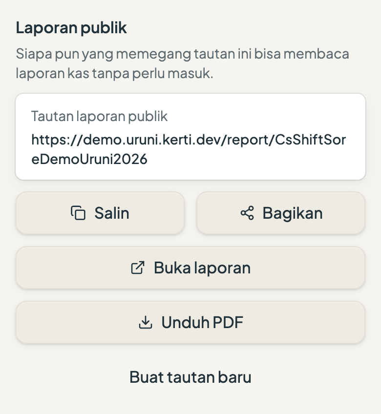 Kartu Laporan publik di Pengaturan, dengan tautan laporan serta tombol Salin, Bagikan, dan Buka laporan.